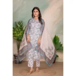 Generic Women's Cotton Blend Printed V Neck Kurti with Pant and Dupatta Set (Light Pink) - Image 4