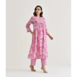 Generic Women's Cotton Blend Printed V Neck Kurti with Pant Set (Pink) - Image 3