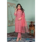 Generic Women's Rayon Printed Round Neck Kurti with Pant and Dupatta Set (Pink) - Image 5