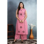 Generic Women's Silk Printed Round Neck Kurti with Pant Set (Pink)