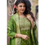 Generic Women's Polyster Printed Round Neck Kurti with Pant and Dupatta Set (Green) - Image 3