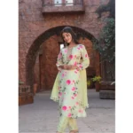 Generic Women's Cotton Blend Printed Round Neck Kurti with Pant and Dupatta Set (Green) - Image 5