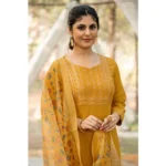 Generic Women's Rayon Printed Round Neck Kurti with Pant and Dupatta Set (Mustard yellow) - Image 5