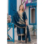 Generic Women's Cotton Blend Printed Round Neck Kurti with Pant and Dupatta Set (Blue) - Image 5