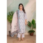 Generic Women's Cotton Blend Printed V Neck Kurti with Pant and Dupatta Set (Light Pink)