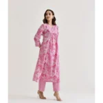 Generic Women's Cotton Blend Printed V Neck Kurti with Pant Set (Pink) - Image 4