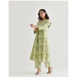 Generic Women's Cotton Blend Printed V Neck Kurti with Pant Set (Green) - Image 4