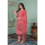 Generic Women's Rayon Printed Round Neck Kurti with Pant and Dupatta Set (Pink) - Image 4