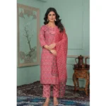 Generic Women's Rayon Printed Round Neck Kurti with Pant and Dupatta Set (Pink)