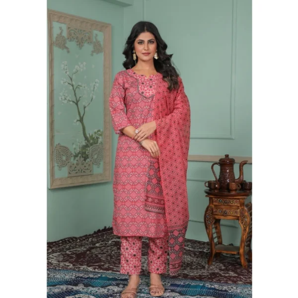 Generic Women's Rayon Printed Round Neck Kurti with Pant and Dupatta Set (Pink)