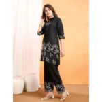 Generic Women's Viscose Rayon Embroidered Chinese Collar Kurti with Pant Set (Black) - Image 6