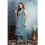 Generic Women's Silk Printed Round Neck Kurti with Pant Set (Grey) - Image 3