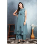 Generic Women's Silk Printed Round Neck Kurti with Pant Set (Grey) - Image 4