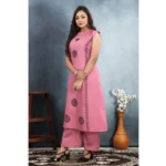 Generic Women's Silk Printed Round Neck Kurti with Pant Set (Pink) - Image 3