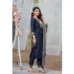 Generic Women's Rayon Printed V Neck Kurti with Pant and Dupatta Set (Navy Blue) - Image 3