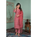 Generic Women's Rayon Printed Round Neck Kurti with Pant and Dupatta Set (Pink) - Image 3