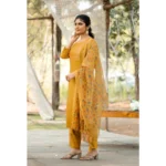 Generic Women's Rayon Printed Round Neck Kurti with Pant and Dupatta Set (Mustard yellow) - Image 4