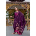 Generic Women's Cotton Blend Printed Round Neck Kurti with Pant and Dupatta Set (Purple) - Image 4