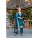 Generic Women's Cotton Blend Printed Round Neck Kurti with Pant and Dupatta Set (Blue)