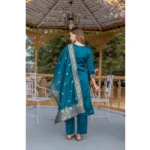 Generic Women's Cotton Blend Printed Round Neck Kurti with Pant and Dupatta Set (Blue) - Image 5