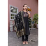 Generic Women's Rayon Printed Round Neck Kurti with Pant and Dupatta Set (Black) - Image 4
