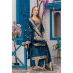 Generic Women's Cotton Blend Printed Round Neck Kurti with Pant and Dupatta Set (Blue) - Image 4