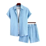 Generic Men's Popcon Striped Half Sleeve Shirt and Shorts Set (Blue)