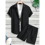 Generic Men's Popcon Striped Half Sleeve Shirt and Shorts Set (Black)