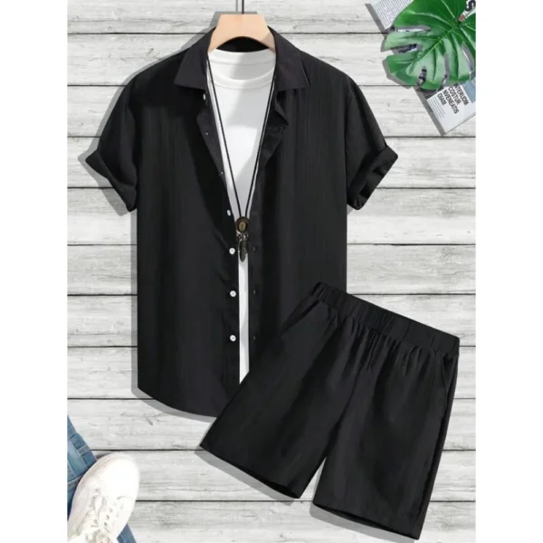 Generic Men's Popcon Striped Half Sleeve Shirt and Shorts Set (Black)