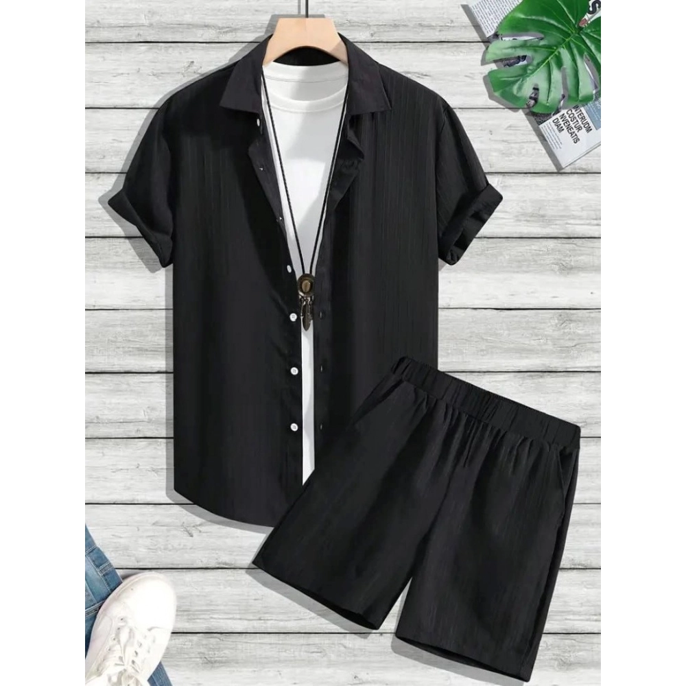 54322712586_a466016892_o_d-1000x1000-1.webp Generic Men's Popcon Striped Half Sleeve Shirt and Shorts Set (Black) - Image 1