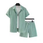 Generic Men's Popcon Striped Half Sleeve Shirt and Shorts Set (Green)