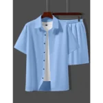 Generic Men's Popcon Solid Half Sleeve Shirt and Shorts Set (Sky Blue)
