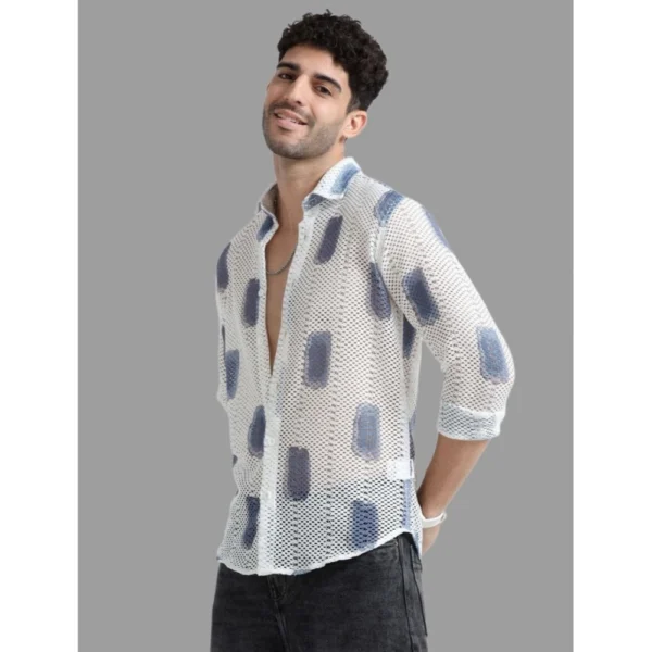 Generic Men's Cotton Knit Printed Full Sleeve Shirt (White Blue)