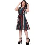 Generic Women's Crep Striped Short Sleeve Dress (Red-Blue ) - Image 3