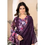 Generic Women's Georgette Printed 3/4th Sleeve Kurti With Pant And Dupatta Set (Wine) - Image 3