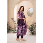 Generic Women's Georgette Printed 3/4th Sleeve Kurti With Pant And Dupatta Set (Wine) - Image 4