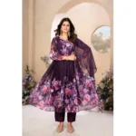 Generic Women's Georgette Printed 3/4th Sleeve Kurti With Pant And Dupatta Set (Wine)