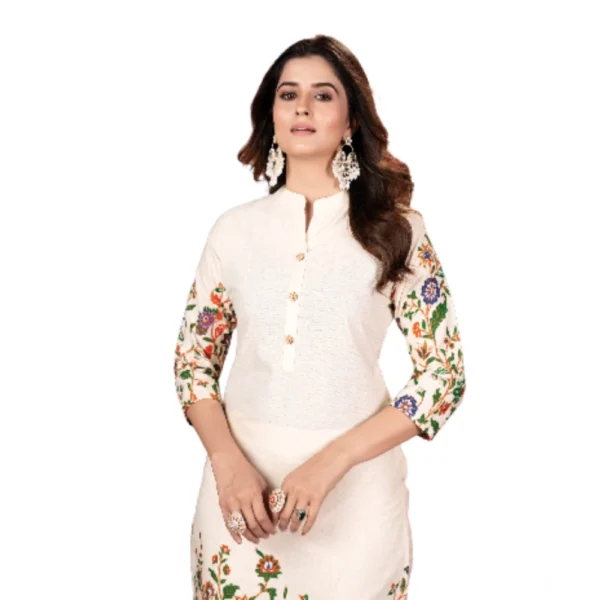 Cream Cotton Printed Kurti with Pant for Women