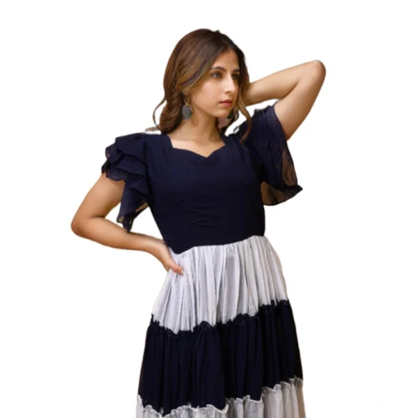 Blue and white georgette half sleeve gown for women
