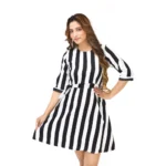 Generic Women's Crep Striped Short Sleeve Dress (Black-White ) - Image 4