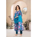 Generic Women's Georgette Printed 3/4th Sleeve Kurti With Pant And Dupatta Set (Blue)