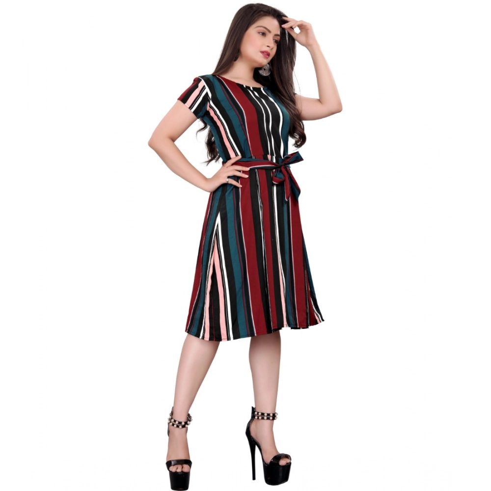 Red Blue Crep Striped Short Sleeve Dress for Women