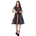 Generic Women's Crep Striped Short Sleeve Dress (Red-Blue ) - Image 4