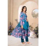 Generic Women's Georgette Printed 3/4th Sleeve Kurti With Pant And Dupatta Set (Blue) - Image 4