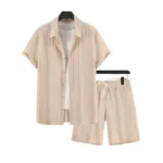 Generic Men's Popcon Striped Half Sleeve Shirt and Shorts Set (Cream)