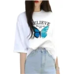 Generic Women's Lycra Printed Round Neck Short Sleeve T-Shirt (White)