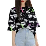 Generic Women's Lycra Printed Round Neck Short Sleeve T-Shirt (Black)