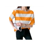 Generic Women's Lycra Striped Round Neck Short Sleeve T-Shirt (White-Orange) - Image 3