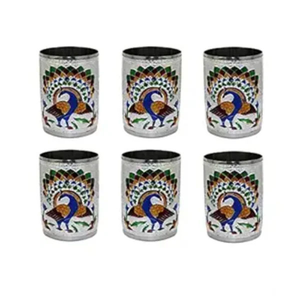 Silver Steel Meenakari Peacock Glass Set