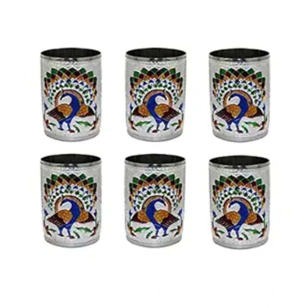 Silver Steel Meenakari Peacock Glass Set